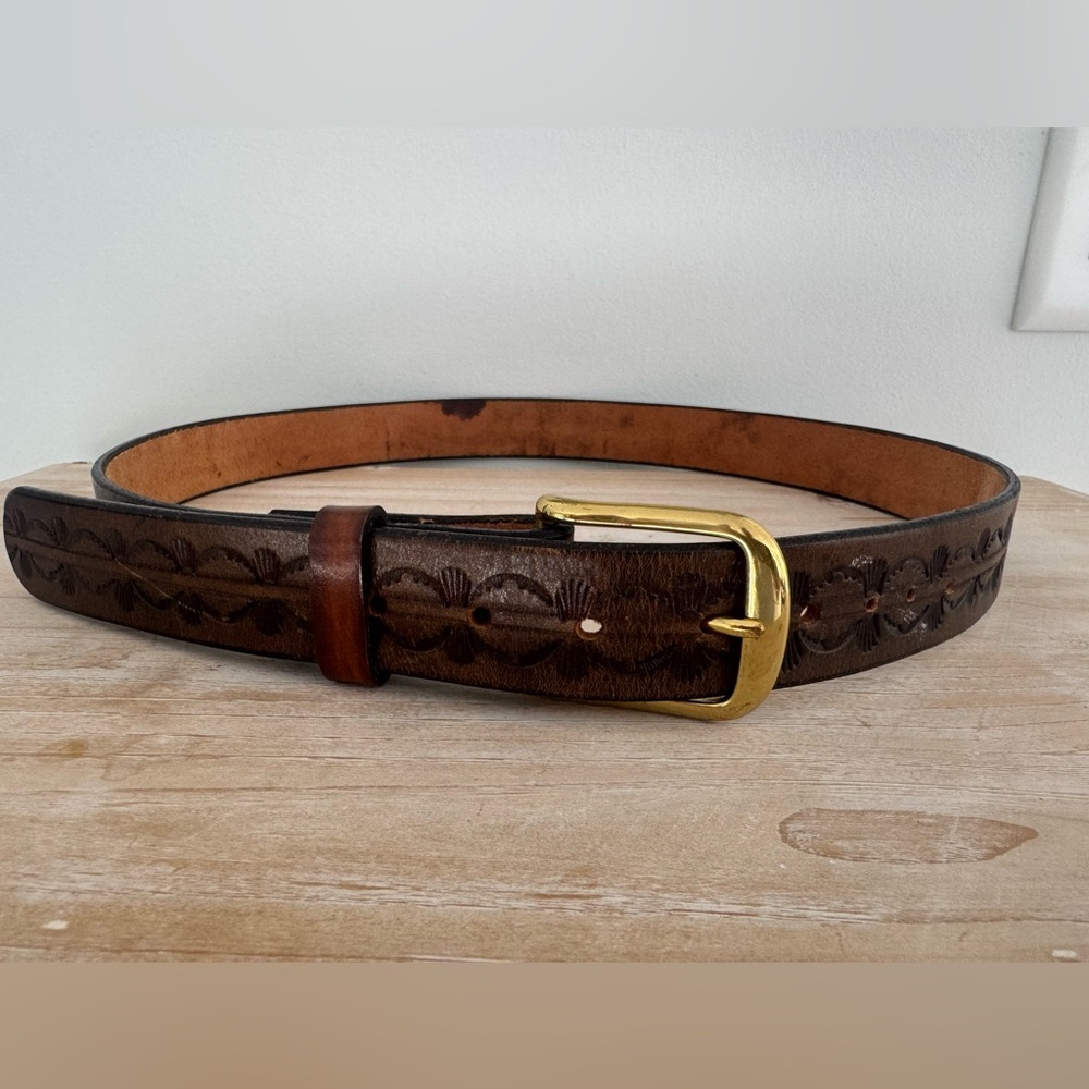 Medium Brown Leather Belt with Gold Hardware Buckle